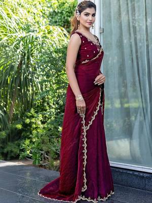 maroon woven design embroidered satin saree 3