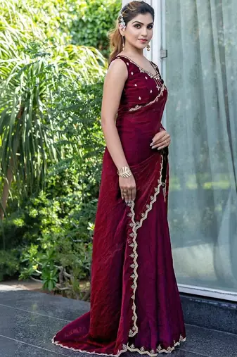 maroon woven design embroidered satin saree