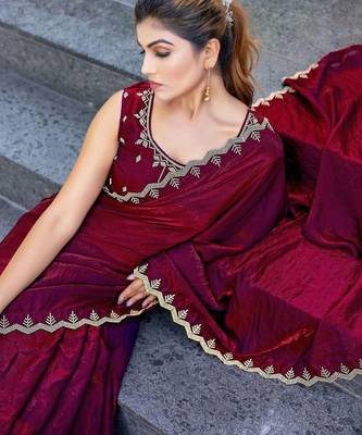 maroon woven design embroidered satin saree 4