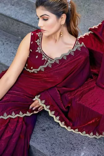 maroon woven design embroidered satin saree