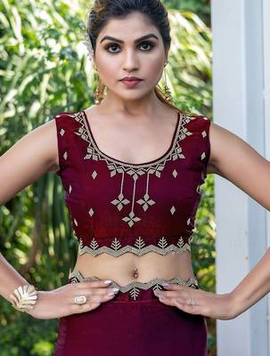 maroon woven design embroidered satin saree 5
