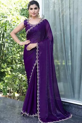 purple woven design embroidered satin saree