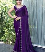 purple woven design embroidered satin saree