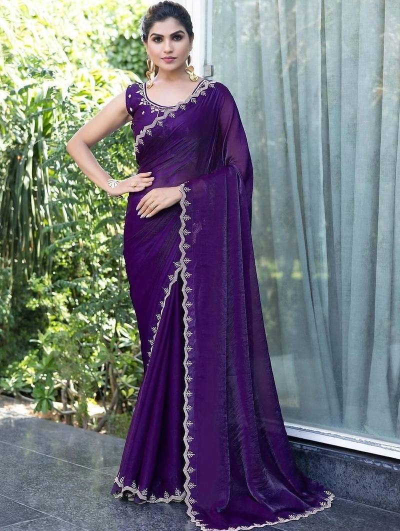 purple woven design embroidered satin saree