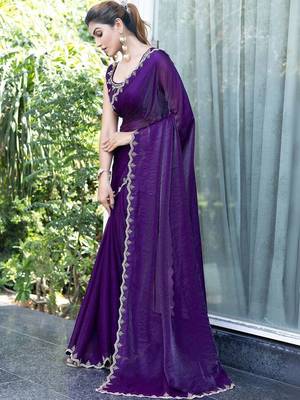 purple woven design embroidered satin saree 3