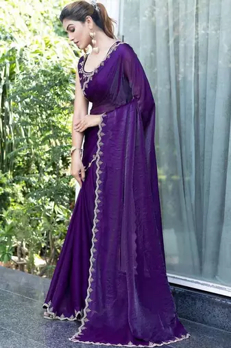 purple woven design embroidered satin saree