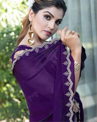 purple woven design embroidered satin saree 4