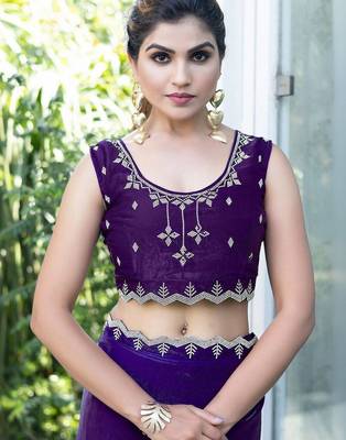 purple woven design embroidered satin saree 5