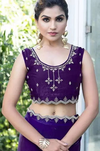 purple woven design embroidered satin saree