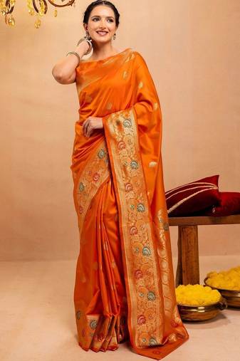 orange ethnic motifs zari art silk saree