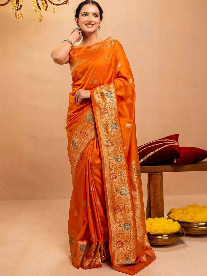 orange ethnic motifs zari art silk saree