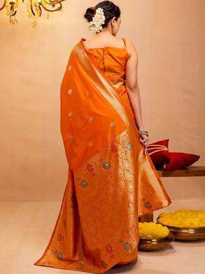 orange ethnic motifs zari art silk saree 2