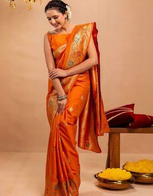 orange ethnic motifs zari art silk saree 3