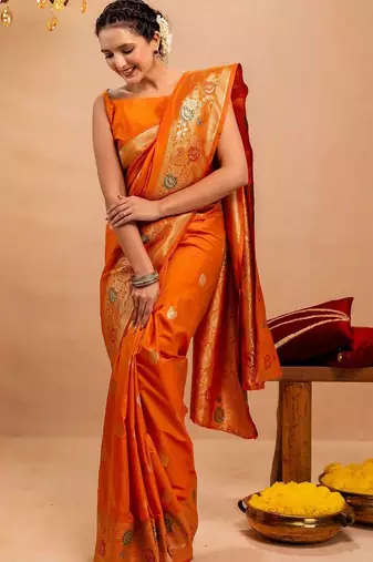 orange ethnic motifs zari art silk saree