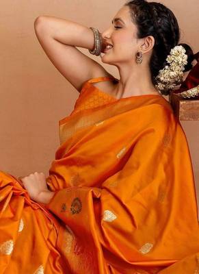 orange ethnic motifs zari art silk saree 4