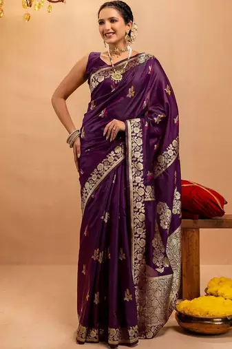 purple ethnic motifs zari art silk handloom saree
