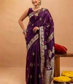 purple ethnic motifs zari art silk handloom saree