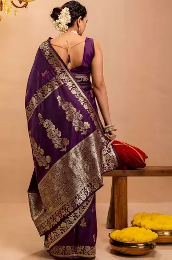 purple ethnic motifs zari art silk handloom saree