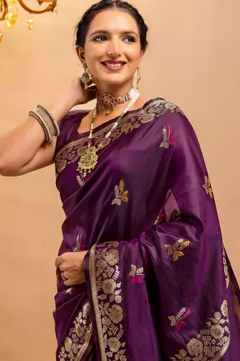 purple ethnic motifs zari art silk handloom saree