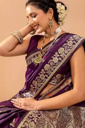 purple ethnic motifs zari art silk handloom saree