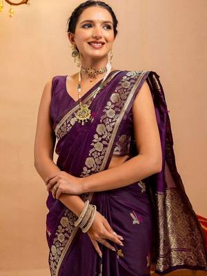 purple ethnic motifs zari art silk handloom saree 5