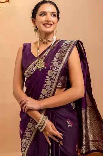 purple ethnic motifs zari art silk handloom saree