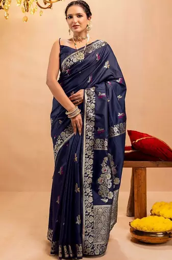 navy_blue woven design zari art silk handloom saree