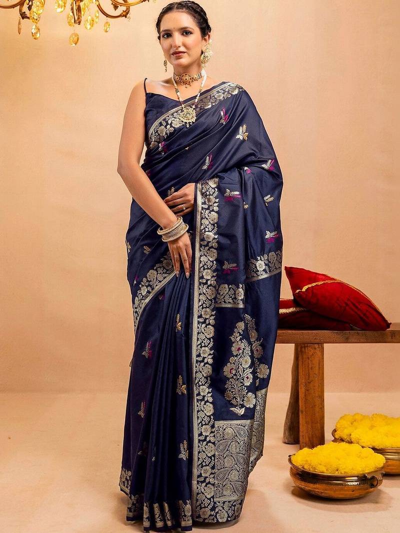 navy_blue woven design zari art silk handloom saree