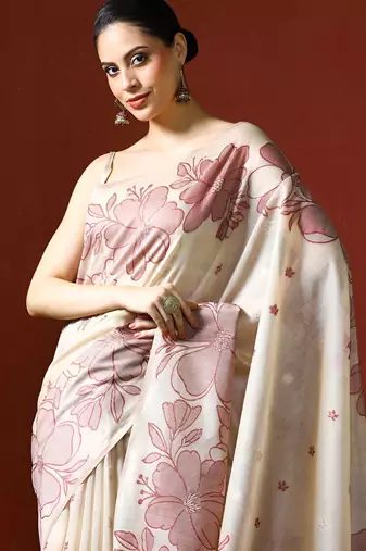 cream floral printed cotton saree with blouse