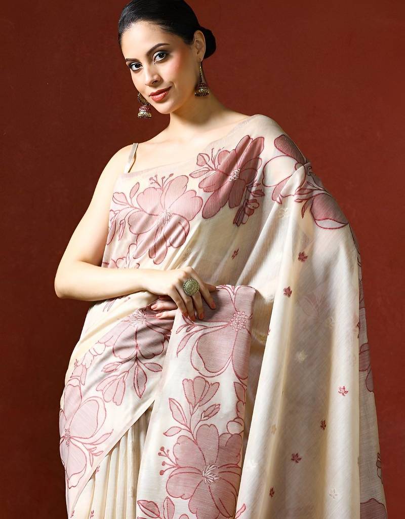 cream floral printed cotton saree with blouse