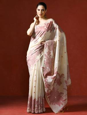 cream floral printed cotton saree with blouse 2