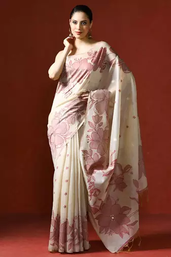 cream floral printed cotton saree with blouse