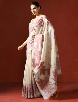 cream floral printed cotton saree with blouse 3