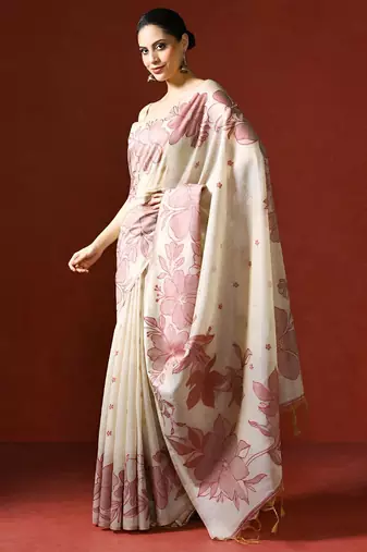 cream floral printed cotton saree with blouse