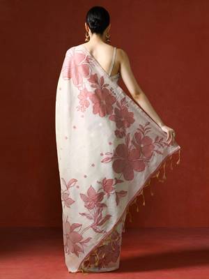 cream floral printed cotton saree with blouse 5