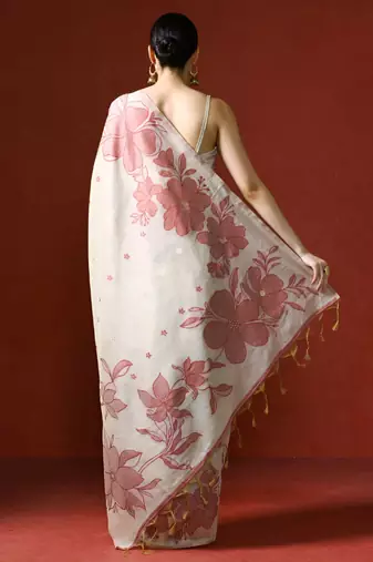 cream floral printed cotton saree with blouse
