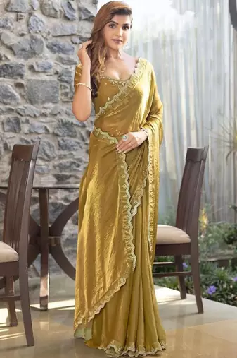 olive woven design embroidered satin saree