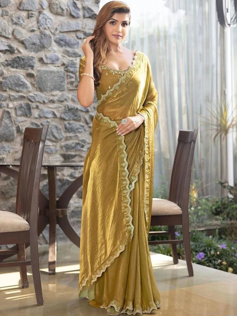 olive woven design embroidered satin saree