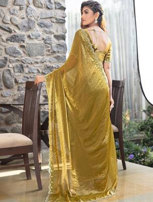 olive woven design embroidered satin saree 2