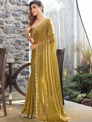 olive woven design embroidered satin saree 3