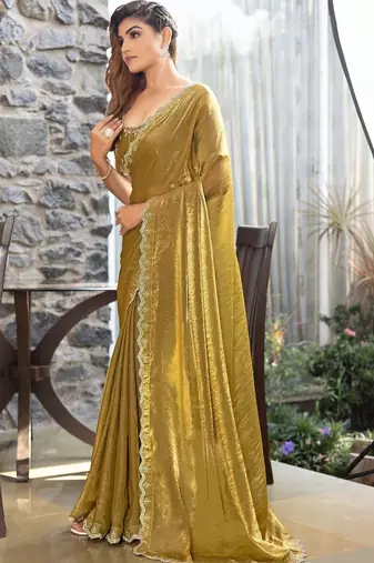 olive woven design embroidered satin saree
