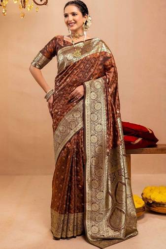 brown ethnic motifs zari art silk heavy work saree