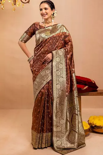 brown ethnic motifs zari art silk heavy work saree