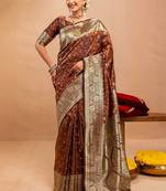 brown ethnic motifs zari art silk heavy work saree