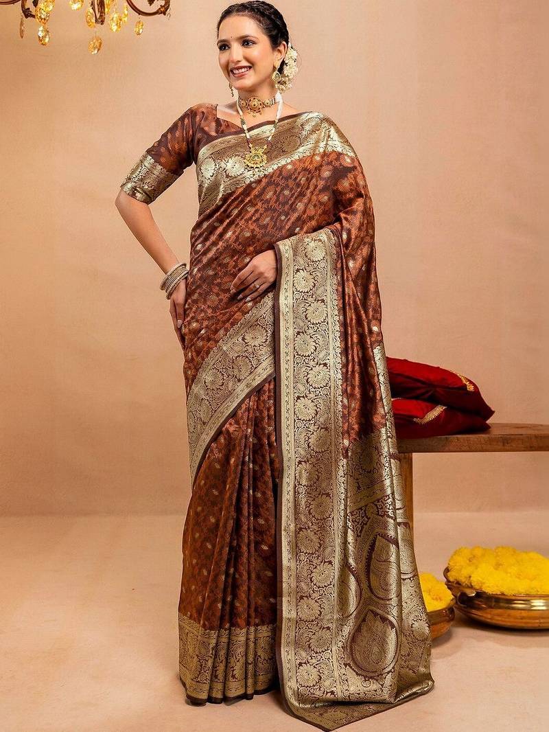 brown ethnic motifs zari art silk heavy work saree