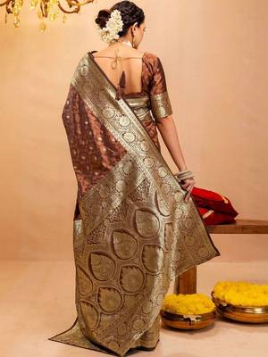 brown ethnic motifs zari art silk heavy work saree 2