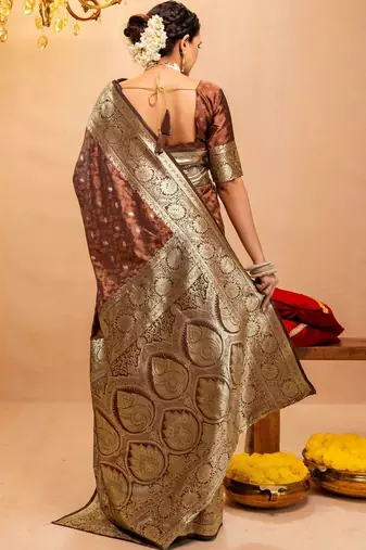 brown ethnic motifs zari art silk heavy work saree