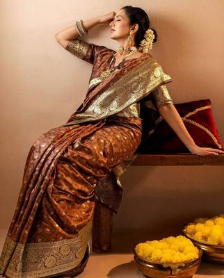 brown ethnic motifs zari art silk heavy work saree 3