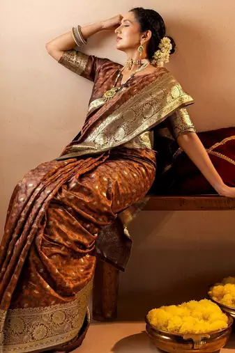 brown ethnic motifs zari art silk heavy work saree