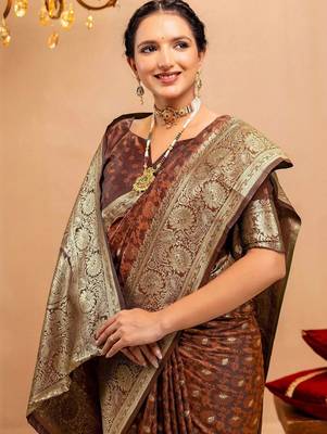 brown ethnic motifs zari art silk heavy work saree 4